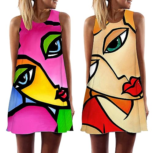 Robe d'été sans manches fluide et mini robe décontractée col rond imprimée