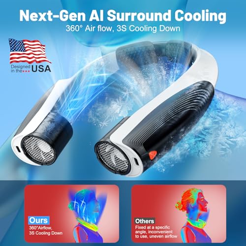 Image of AI Portable Neck Fan with 6 Powerful Speeds, 8000mAh Battery Operated USB-C Rechargeable Fan, Hands-Free 360 Cooling Neck Fan,Twistable,Ultra-Quiet Personal Fan for Women Men Travel(Black-White)