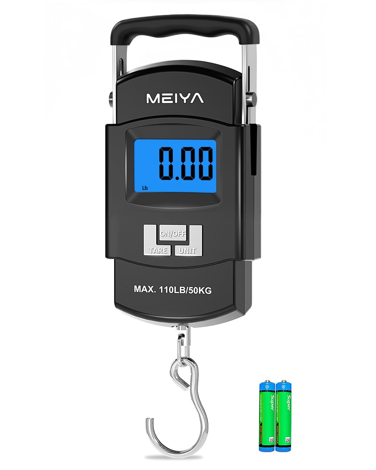 MEIYA Fish Scale 110lb/50kg Digital Fishing Scale with Backlit LCD, Portable Handle, Stainless Steel Hook & 2 AAA Batteries – Great Fishing Gifts for Men : Sports & Outdoors