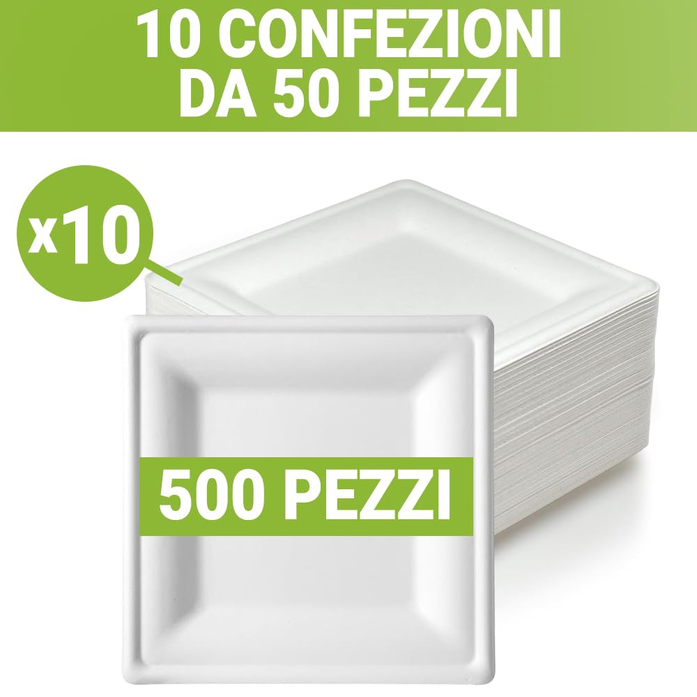 G.M. DISTRIBUZIONE 500 Piatti Quadrati Bianchi in Polpa di Cellulosa 26x26 cm, Ideale per Cibi Caldi e Freddi, Piatti Imperameabili Usa e Getta Adatti al Microonde, Biodegradabili e Compostabili