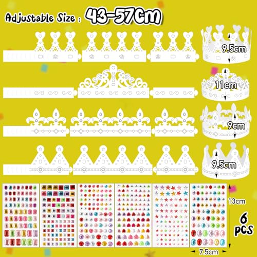 BOOMTOP 8pcs Kinder Kronen Papier Geburtstagskrone zum Malen und Basteln Papierkrone Weiß Geburtstag Partyhüte mit 6 Strasssteine Selbstklebend Glitzersteine Aufkleber für Kindergeburtstag Party
