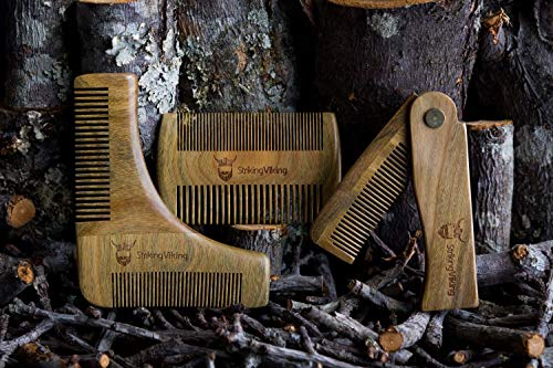 Striking Viking Wooden Beard Comb & Brown Carry Case - Natural Sandalwood Beard and Mustache Comb with Fine & Coarse Teeth - Anti-Static Pocket Comb for Everyday Carry- Perfect for Use with Balms and Oils