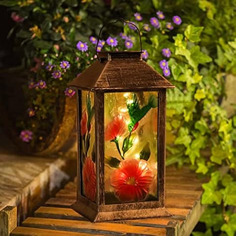 Hanging Solar Lanterns Outdoor Glass Lantern Waterproof Led Garden Decorative Light with Hummingbird and Flower Pattern, Patio Solar Lantern for Table Pathway Yard Decor Cover