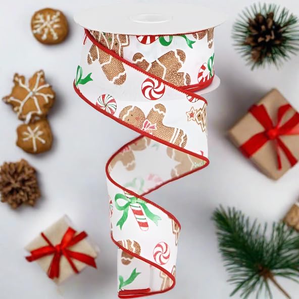 Craig Bachman 1.5 Inch Gingerbread Candy Ribbon: White (10 Yards) Durable Fabric Wired Edge for Crafting, Floral Arrangements, Gift Wrapping, Christmas Tree, and Decorative Wreath Bow Making