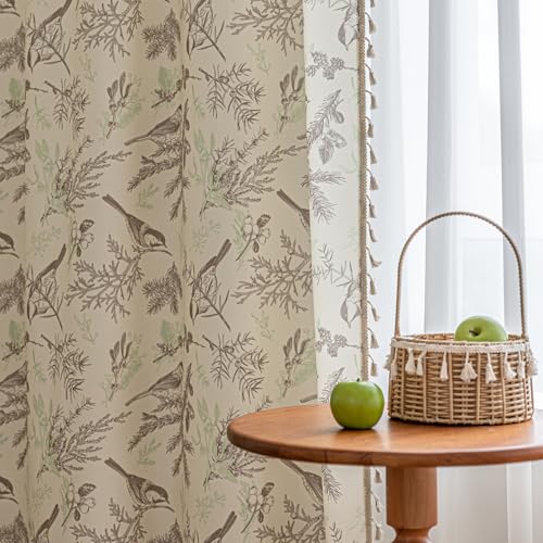 Image of Bird Botanical Curtains 96 Inches Long, Boho Farmhouse Light Filtering Rod Pocket Drapes with Tassel Trim for Bedroom Living Room, 2 Panels
