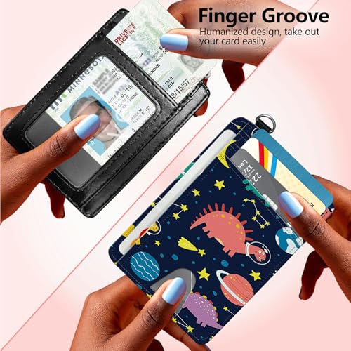 Slim Card Holder with Wristlet Small Wallets for Men Women, RFID Blocking Pocket Keychain Wallet, Space Dinosaur PU Leather Cute Travel Minimalist Card Organizer Case with ID Window4