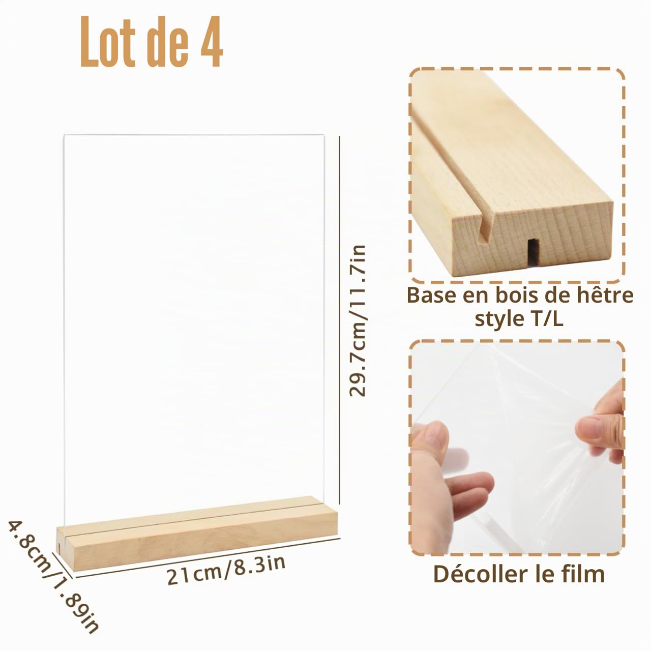 4 Pièces Présentoirs de Table A4, Forme L/T Support Affiche A4 Plaque Acrylique, Double Face A4 Porte Menu avec Pied en Bois, Support Feuille pour Exposition Café Bureau-297 x 210 mm