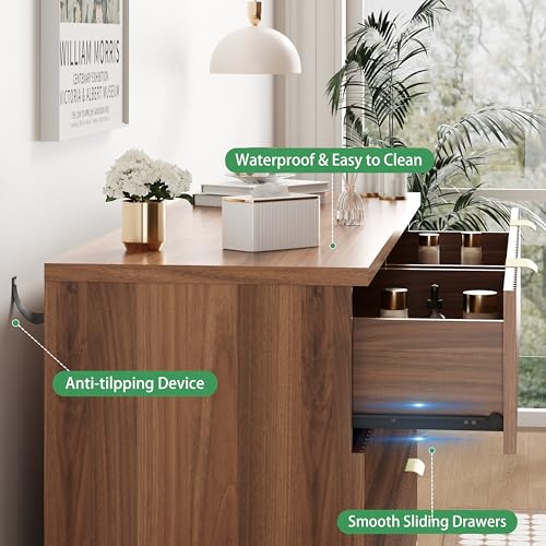 Image of Xixini Fluted Dresser for Bedroom with 6 Drawers, 48 inch Wide Modern Chest of Drawers with Metal Handle, Wooden Dresser TV Stand, Wood Closet Clothes Storage Organizer for Living Room, Hallway, Walnut