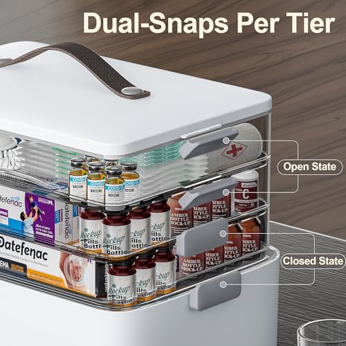 Image of CTIME 4-Tier XL Medicine Organizer with Leather Handle - Portable Pill Case & Empty First Aid Kit for Home, Travel, RV, School, Dorm | Ideal Elderly Gift