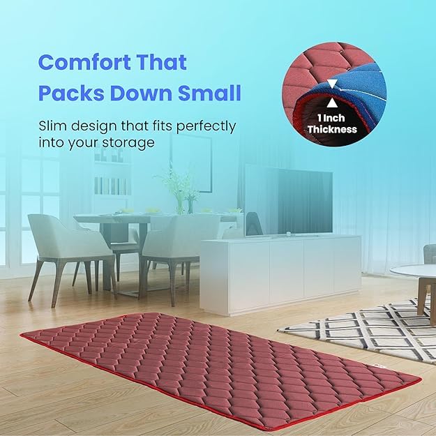 Image of Coir On Slim PU Foam Foldable Foam Mattress, Compact 1-Inch Roll Up Mattress, Portable Light, Comfort Knitted Fabric, Soft+Durable Bed Mattress, Reversible Gadda for Floor - Queen
