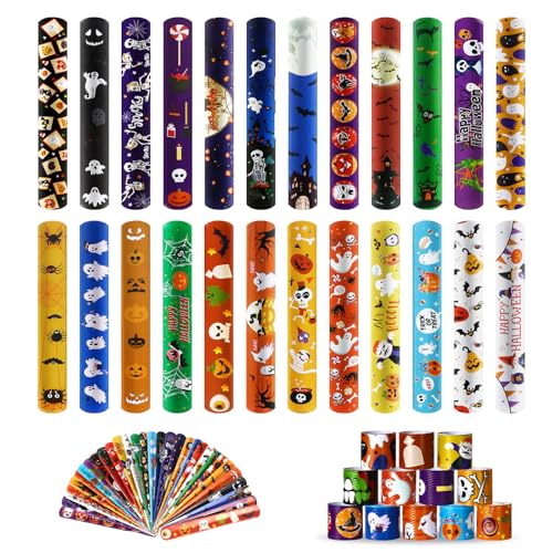 Halloween Slap Bracelet For Kids,48Pcs Halloween Party Favors, Halloween Decorations Gifts Bracelet Decorations Outdoor, Halloween Prizes Snap Bracelets Bulk Decor,Halloween Favors for Kids,Boys,Girls