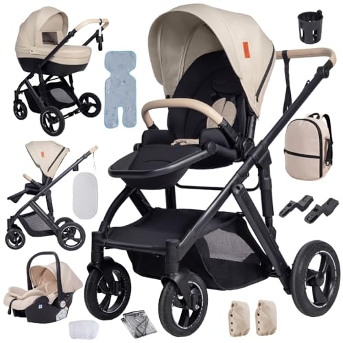 4 in 1 Pram,Pushchair with Thick Padding for Warmer Sleep,Travel Stroller with Adjustable Height Push Handle,Baby Buggy Aluminium Frame(Yellowish)