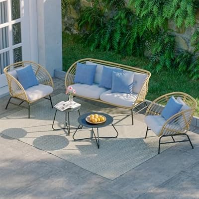 Grand patio 5-Piece Boho Outdoor Furniture Set, Wicker Sofa Set with Beige Thick Cushions and 2 Coffee Tables, Conversation Set for Backyard,Balcony,Poolside