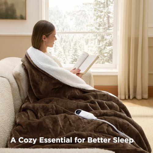 Image of Bedsure Heated Blanket Throw, Soft Electric Blanket with Preheat, Brown