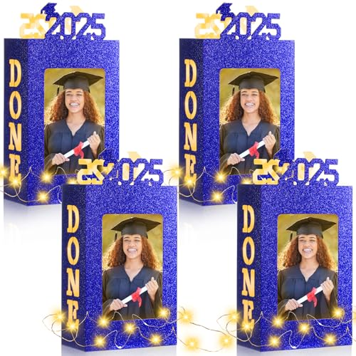 2025 4 Sets of Graduation Table Decorations Photo Centerpieces for Table Graduation Picture Frames Box Lighted Done Grad Party Favor for College Graduate Friends Gifts(Blue)