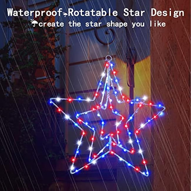 BlcTec 4th of July Decorations 3 Layers of 14inch Red White Blue Big Stars with Rotatable Function, Durable Metal Frame Patriotic Stars Lights with Remote, 8 Modes & Timer for July 4th Decor, 2 Packs