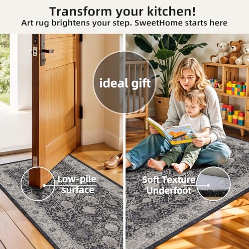 Washable 4-Piece Kitchen Floor Mats: Farmhouse Non-Slip Kitchen Sink Rug Easy Clean Water-Resistant Runners for Hallway Bathroom Soft Decorative Carpet for Pet Feeding Area(2x3+2x4+2x5+2x6,Black)