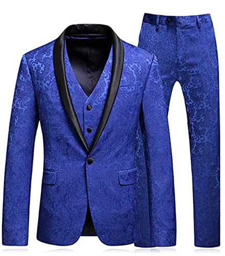 Mens Paisley Floral Royal Blue Blazer Vest Pants Premium Prom Groom 3 Pieces Slim Fit Tuxedo Wedding Suits2