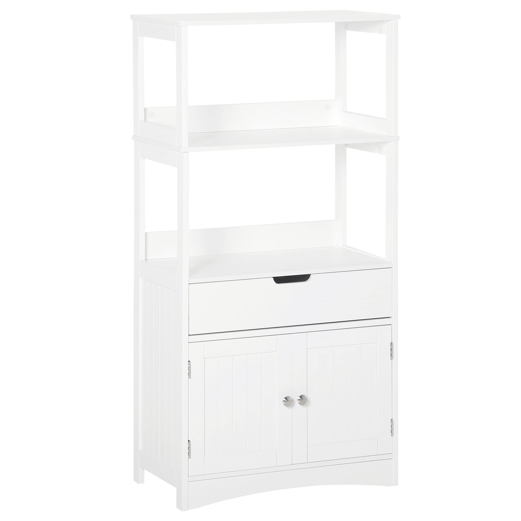 kleankin Armario de Baño con 3 Estantes y Cajón 60x33x122,5 cm Blanco | 2 Puertas, Mueble de Almacenamiento de Suelo, Moderno, para Cocina Dormitorio Salón
