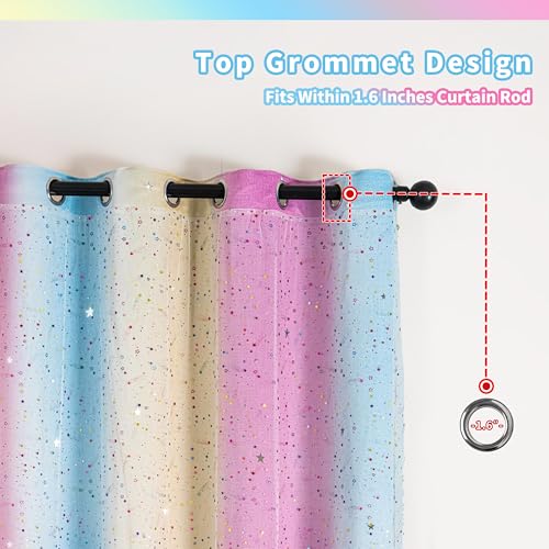 Image of 2-in-1 Double-Layer Kids & Girls Unicorn Princess Ombre Blackout Curtains with Foil Print Sheer, 2 Panels Set for Bedroom, Nursery, Living Room - Yellow Purple Blue, 34W x 63L
