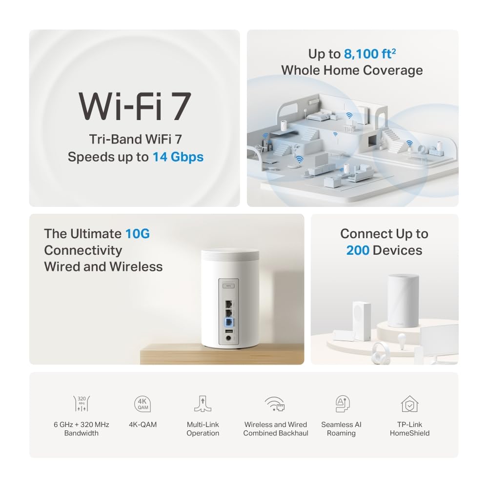 TP Link Deco BE68 BE14000 Tri-Band Whole Home Mesh WiFi 7 System
