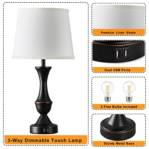 Lamps For Living Room Set Of 2, Touch Bedside Lamps For Bedrooms With Usb Ports, 3-Way Dimmable White Nightstand Lamp With Premium Linen Fabric Lampshade, Bed Lamp For Reading, Office, Bulbs Included #TOP3