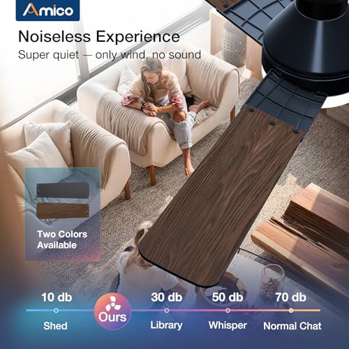 Image of Amico Ceiling Fans with Lights, 52 inch Low Profile Ceiling fan with Light and Remote Control, Flush Mount, Reversible, 3CCT, Dimmable, Noiseless, Black Ceiling Fan for Bedroom, Indoor /Outdoor Use