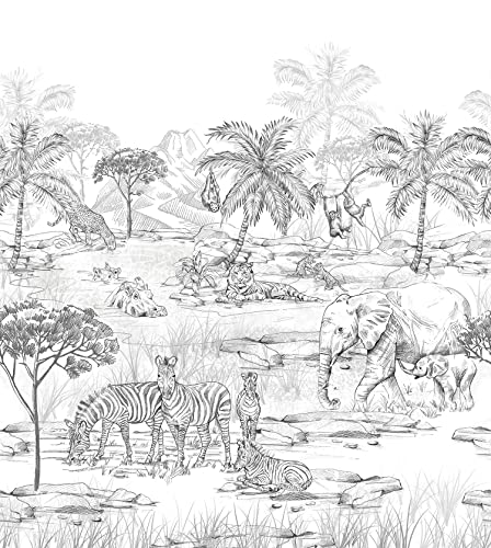 Esta Home fotomural animales de la selva blanco y negro 250 x 279 cm