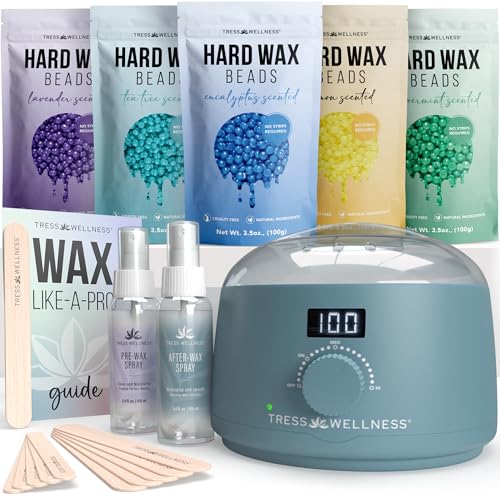Image of Tress Wellness Award Winning Waxing Kit for Sensitive Skin - Safe for Face & Skin, Easy to Use - At-Home Kit for Face, Bikini, Brazilian & Full Body - Digital Display, Blue