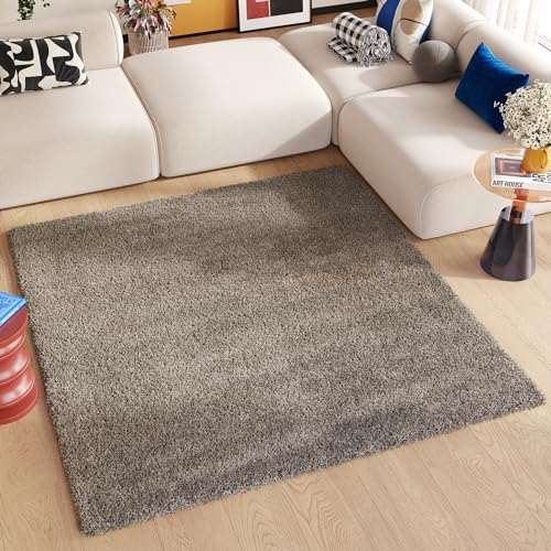 TAPISO Essence Alfombra Shaggy Cuadrada Pelo Largo Moderna Gris Marrón Topo Moteada Alfombra Salón Dormitorio Adulto Niño Cama Escritorio Suave Súper Suave Gruesa Oeko-Tex 160 x 160 cm
