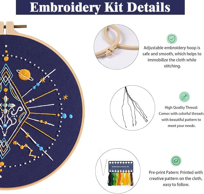 Image of GLTAYLMY 3 Set Tarot Embroidery Starter kit with Patterns and Instructions, DIY Adult Beginner Cross Stitch Kits, Including 1 Plastic Embroidery Rings,Colored Threads and Needles