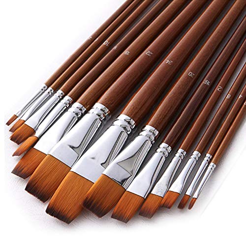 BOSOBO Watercolor Paint Brushes Set, 13pcs Professional Long Handle Flat Tip Nylon Hair Artist Paintbrushes for Watercolor Acrylic Gouache Oil Ink Tempera Canvas Painting, Face Body Art, Model & Craft
