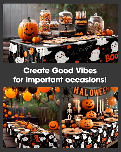 Image of Pureegg Plastic Table Cloth Disposable 8 Pack, 54 x 108 Inch Table Cloths, Vampire Party Decorations, Halloween Tablecloths, Rectangle, Plastic Cover, Leakproof & Sturdy, Halloween Black