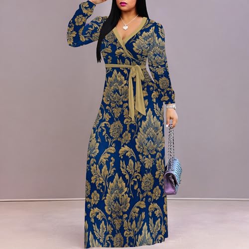 Image of Women Plus Size Long Sleeve V Neck Maxi Dress with Belt | Soft fabric relaxed fit three quarter sleeve v neck with pockets for party and daily wear