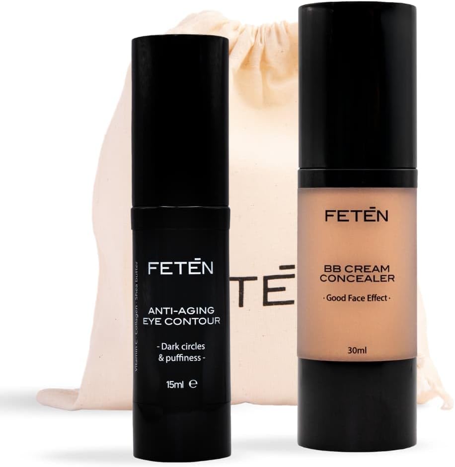 FETEN Contorno de Ojos Hombre y BB Cream Corrector Antiojeras, Pack de Cremas Contra Ojeras, Bolsas y Arrugas para Hombre, Efecto Inmediato, Antiojeras Antibolsas y Antiarrugas, BBCream Antiage