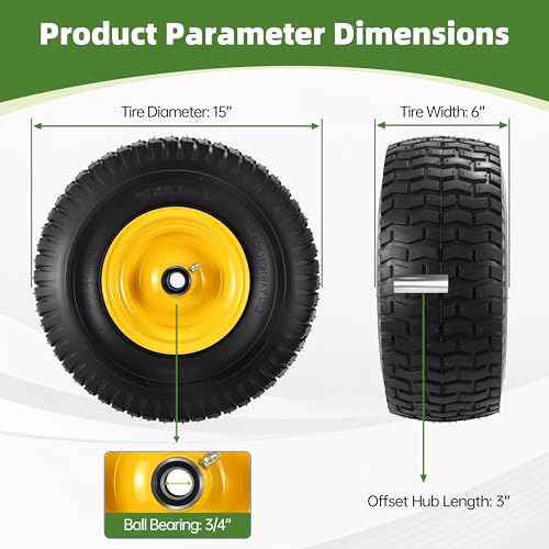 2 Pack 15x6.00-6nhs Lawn Mower Tire and Wheel, 15x6-6 Tubeless Front Tire Compatible with John Deere Riding Mowers and Garden Tractors 100 and 300 Series, 3" Offset Hub, 3/4" & 5/8" Bearings, 4-Ply by KGOJOY - Image 3