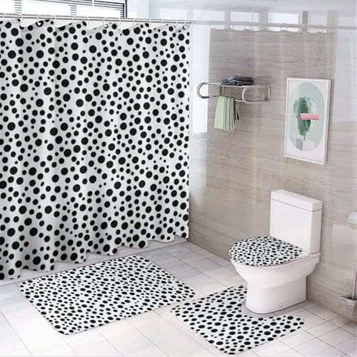Black and White Dot Printed Pattern Print Four Piece Bathroom Set 183 * 183cm Shower Curtain, Non-Slip Floor Mats, U-Shaped Mat, and Toilet Lid Cover