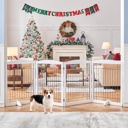 Image of Yaheetech 32 inchH 4-Panel Extra Wide Freestanding Dog Gate For Stairs Doorways | Sturdy Construction, Durable Support Feet, Tool-Free Setup, Fold Flat Barrier Ideal for Small /Medium Dogs, White