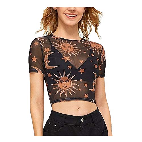 BAOIWEI Women's T-Shirt Fashion Sexy Abstract Graphic Sun Moon Stars Print Sheer Mesh Long Short Sleeve Round Neck Tops Black