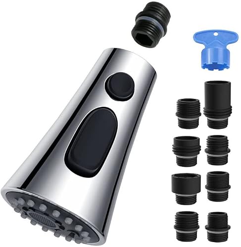 Kitchen Faucet Head Replacement, Pull Down Kitchen Faucet Sprayer Head With 9 Adapter Kit, 3 Function Kitchen Sink Faucet Spray Head, Chrome Finish Kitchen Faucet Sprayer #TOP12