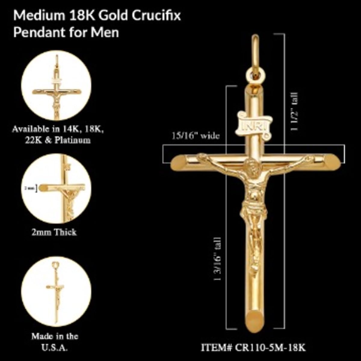 Men's Medium 18K Solid Gold Crucifix Pendant
