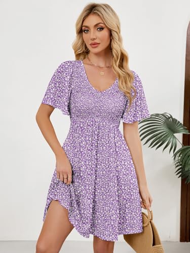 Image of UEAL Womens Cute Floral Smocked V Neck Flutter Sleeve Sundress with Pockets Casual Spring Summer Dresses for Women 2026