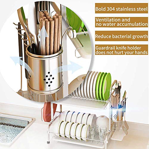 Ocharzy Dish Drying Rack 2 Tier Dish Drainer with Drain Board, Utensil Holder, Cutting Board Holder for Kitchen Counter (Silver) - Thumbnail 4