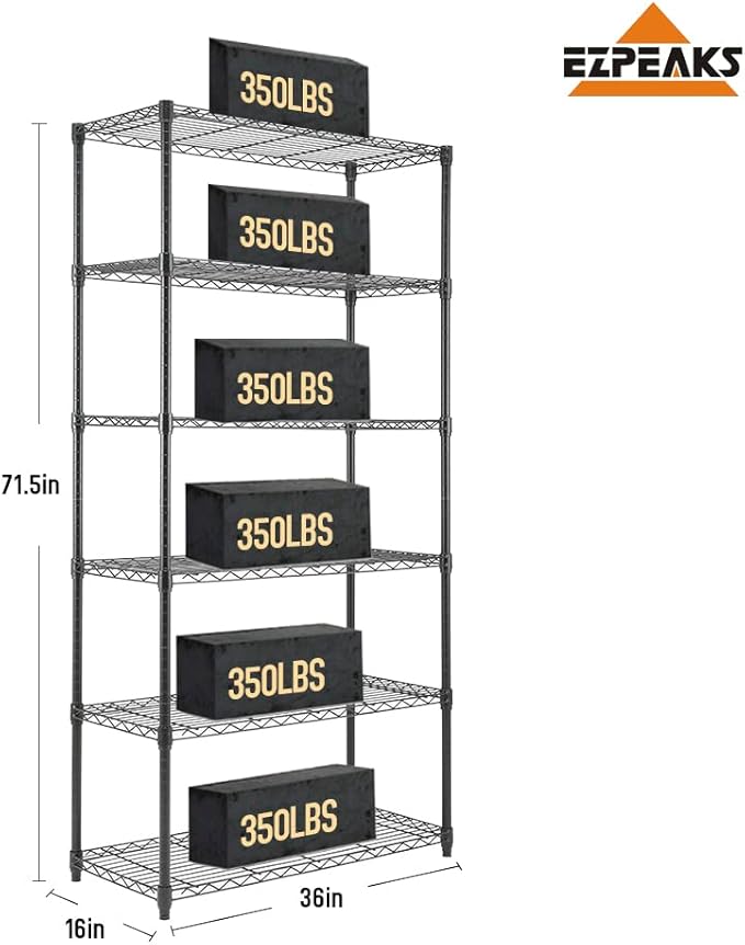 The 6-Shelf Shelving Unit is a versatile and durable storage solution that can be easily transformed into two separate 3-shelf units. Made from heavy-duty steel wire, this shelving unit is adjustable to accommodate different storage needs and has a loading capacity of 350 lbs per shelf. Measuring 71.5 inches in height, 36 inches in width, and 16 inches in depth, this unit provides ample space for organizing and storing items in a variety of settings, such as garages, warehouses, or utility rooms.