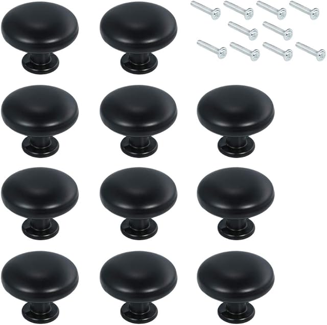 SUNSHINETEK Black Cabinet Knobs 10 Pcs Matted Round Mushroom Drawer Knobs 30MM Aluminum Alloy Door Pulls with Screws for Cabinet Drawer Kitchen