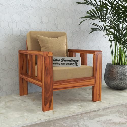 Image of Sheesham Wood 1 Seater Sofa Set with Beige Cushion for Living Room, Office, Sofa 1 Seater Sofa Wooden Sofa Set in Natural Teak Finish