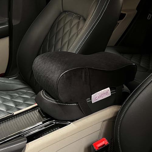 Image of Carigiri ComfiRest Car Armrest Cushion| Memory Foam Arm Cushion| Universal for All Cars| Armrest Support Extender| Height Armrest Pad(Black Seam,Breathable Velvet,Dual Mobile Pocket)