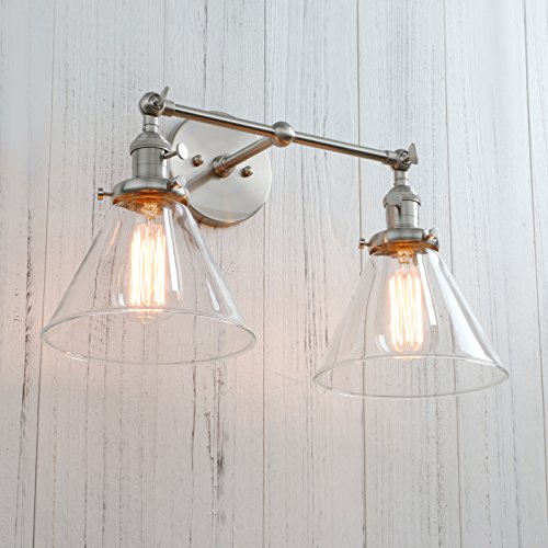 Image of Permo Double Sconce Vintage Industrial Antique 2-Lights Wall Sconces with Funnel Flared Glass Clear Glass Shade (Brushed)