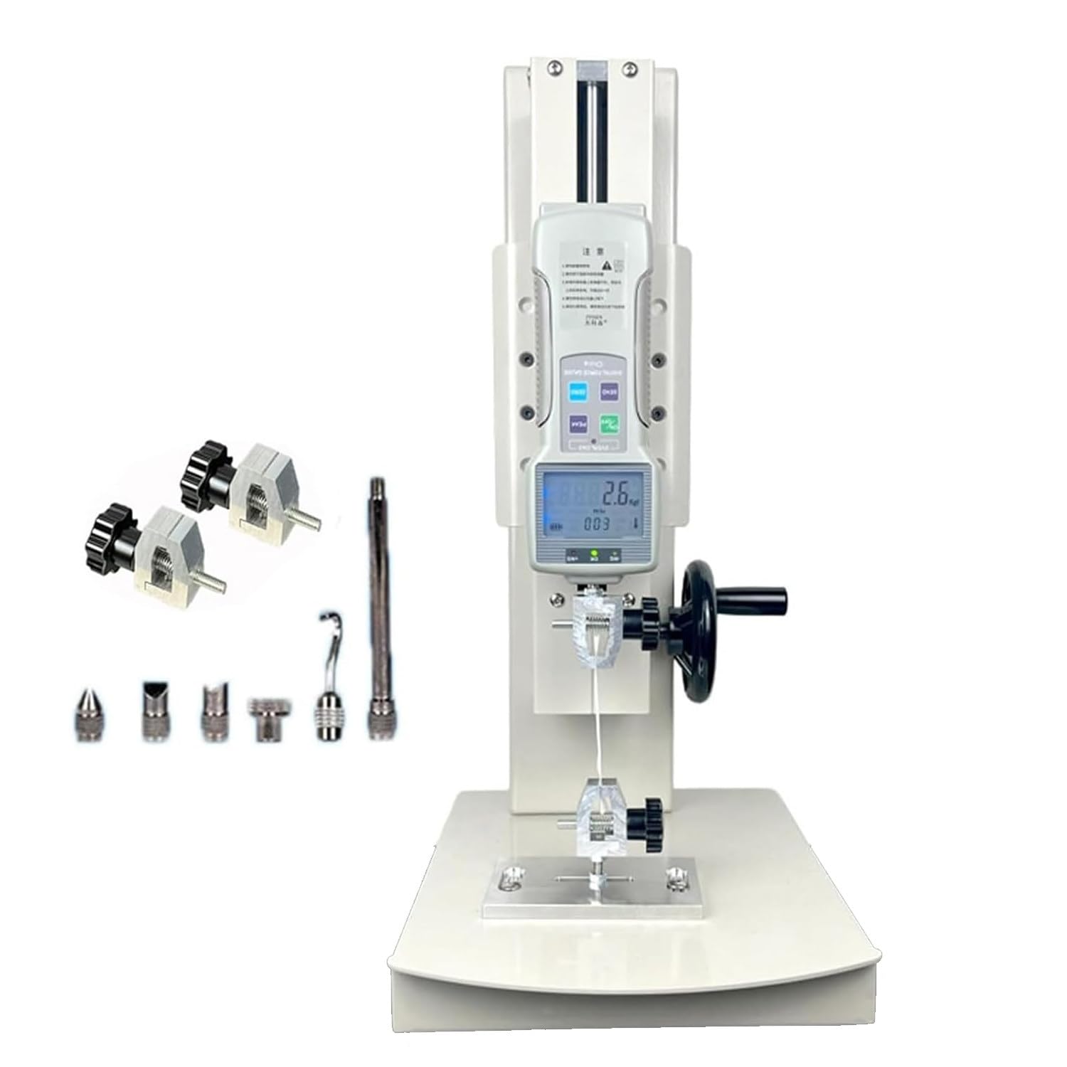 Máquina digital de prueba de tracción con medidor de fuerza manual y sondas, equipo de precisión para pruebas de telas y materiales, incluye manivela
