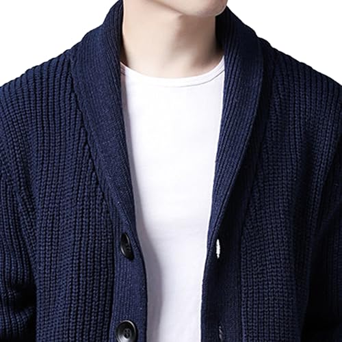 Mens Shawl Collar Cardigan Sweater Long Sleeve Button Cable Knit Men Sweaters Loose Fit Casual Ribbed Knit Cardigans (Blue,Large)4